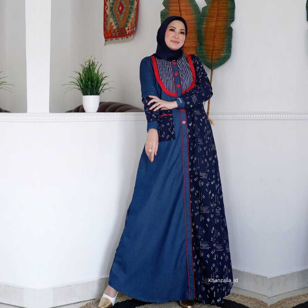 Fatia Dress Fashion Muslim Wanita Gamis Batik Modern Kain Katun Kombinasi Soft Denim