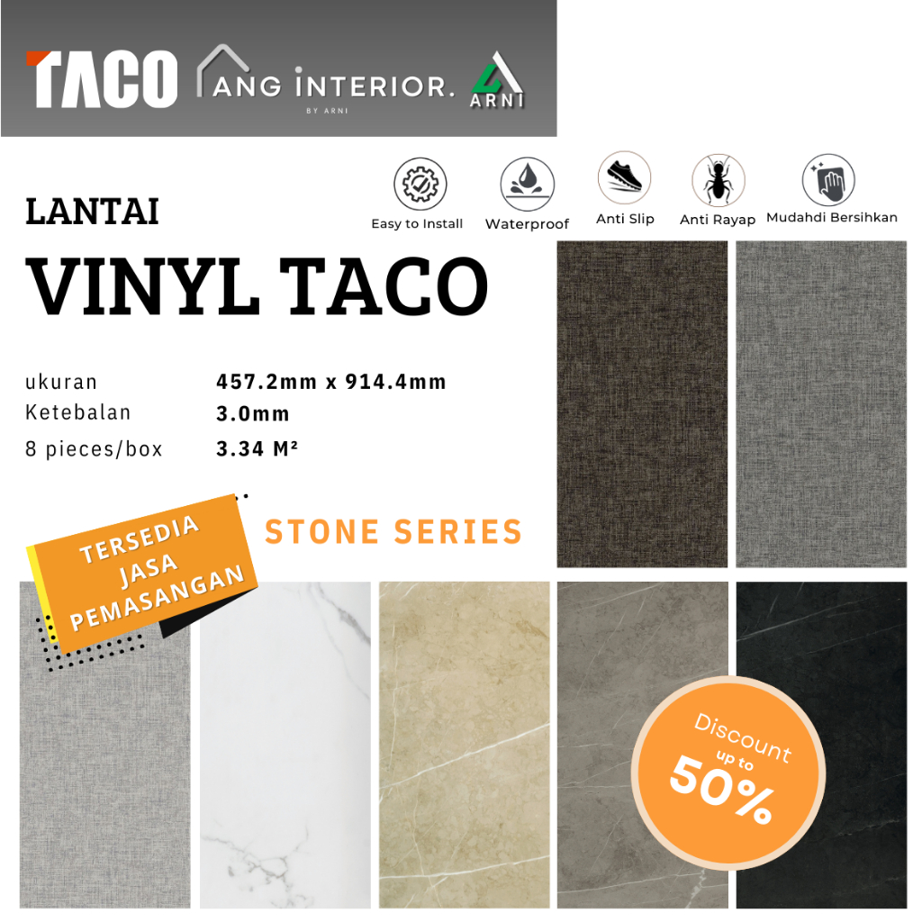 Vinyl Lantai TACO Perform 300 XL Stone Series – Plank 3mm Ukuran XL, Glue Down Premium