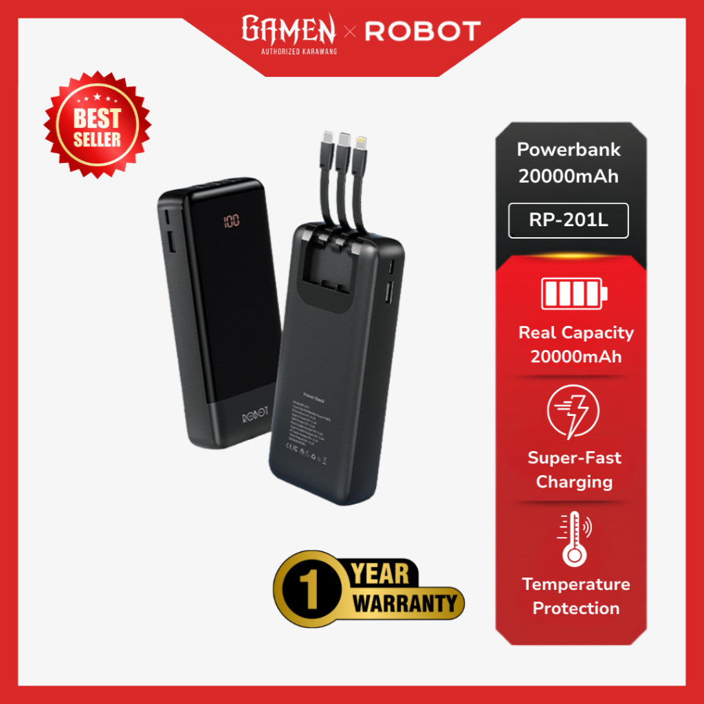 ROBOT Powerbank 20000mAh RP-201L 3 Kabel Built-in Type-C Lightning Micro Fast Charging 2.1A Bisa Dib