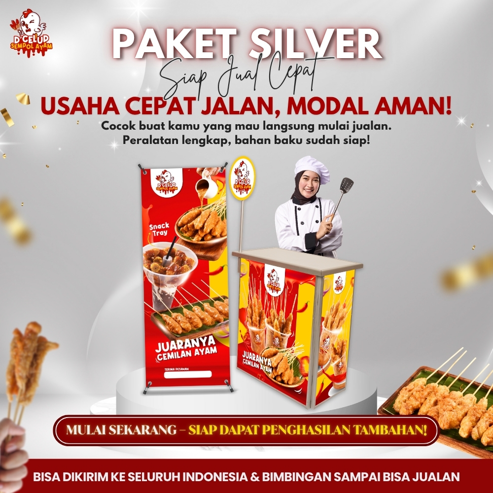 Paket Usaha Kuliner D’Celup Sempol Ayam Silver – Termasuk Meja Display, Bahan Baku & Peralatan Lengk