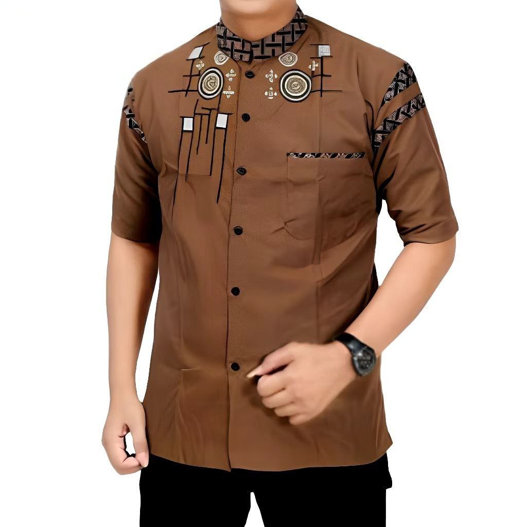 Baju Koko Pria Lengan Pendek Kombinasi Batik Motif Bordir / Baju Koko Batik Lengan Pendek