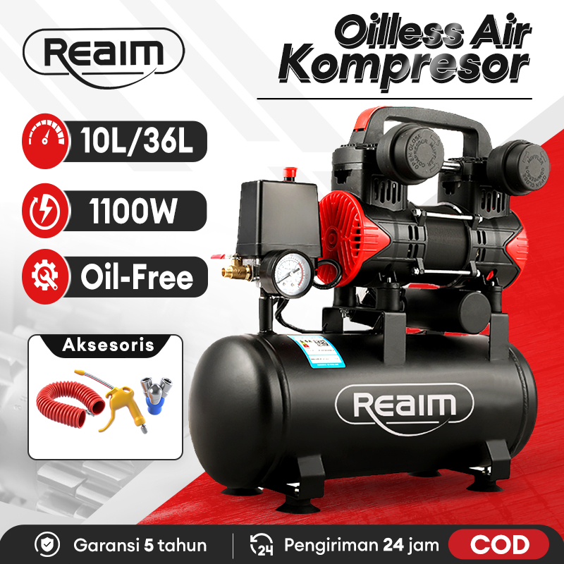 Reaim Kompresor Angin Listrik 10L/36L Oilless Kompresor Mini Listrik 1100W Mesin Pompa Angin Kompres