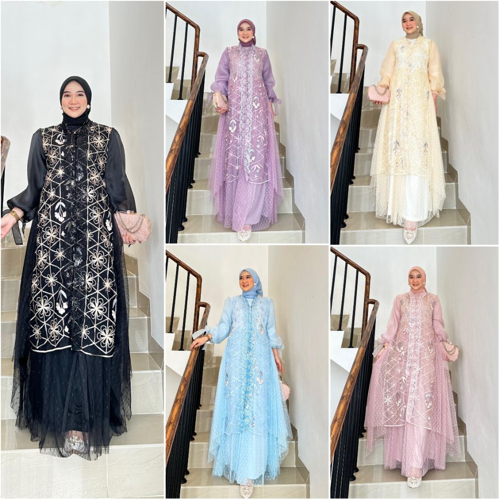 DRESS SET OUTER TILE BURKAT MIX ORGANZA MEWAH GAMIS TILE
