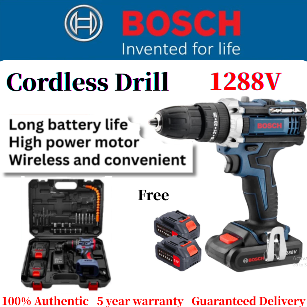 Bosch 1288V Mesin Bor Listrik Tanpa Kabel 2 Baterai LED Light Cas 10mm Mata Bor Obeng Listrik Murah