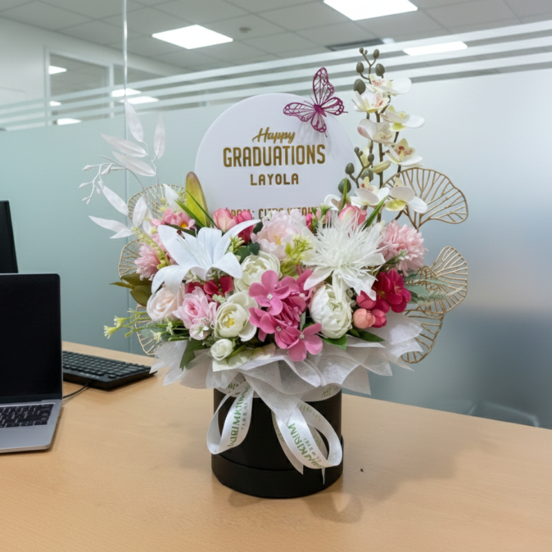 Bunga Bloom Box Acrylic | Bunga Box Ucapan Congrats, Pajangan Meja Hadiah untuk Pacar
