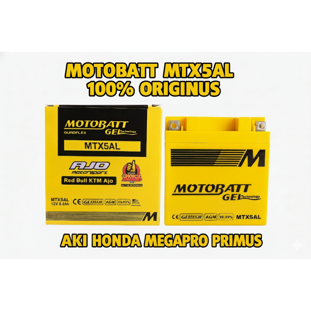 AKI HONDA MEGAPRO PRIMUS MOTOBATT MTX5AL 100% ORIGINAL AKI GEL PREMIUM AKI KERING BEBAS PERAWATAN