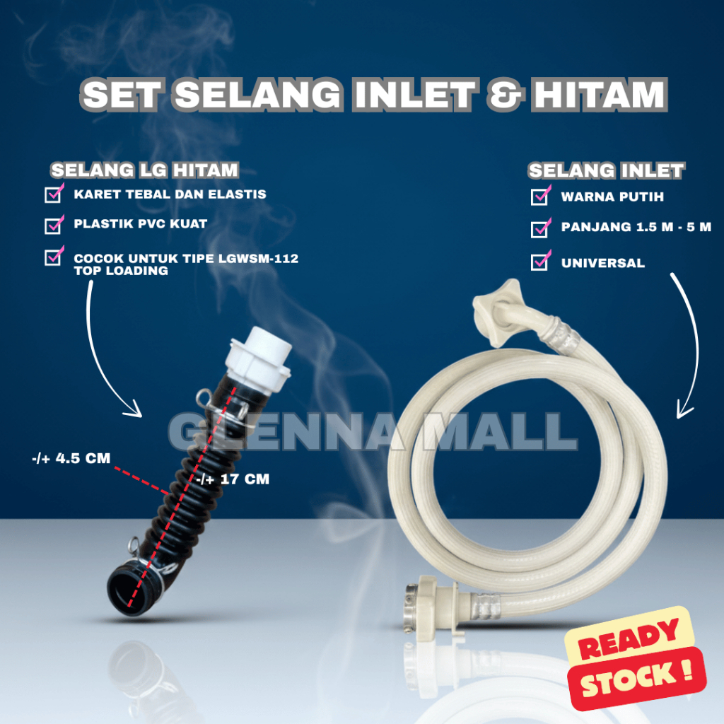 [1 SET] SELANG INLET DAN SELANG KARET LG HITAM / SET Selang Mesin Cuci Otomatis 1,5 Meter 2 Meter 3 