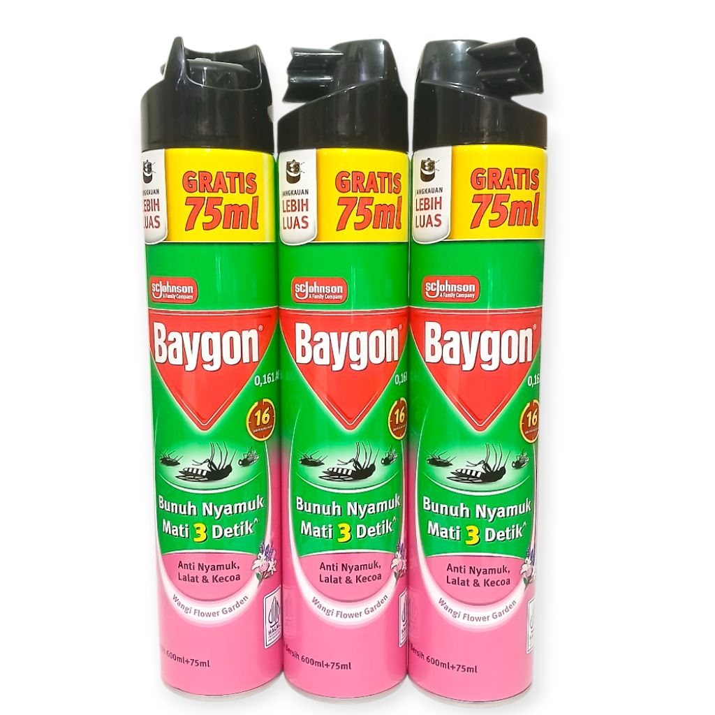 GROSIR 3.PCS | Baygon Anti nyamuk & Kecoa Wangi Flower Garden 600ml + 75ml 16.Jam Perlindungan Jangk