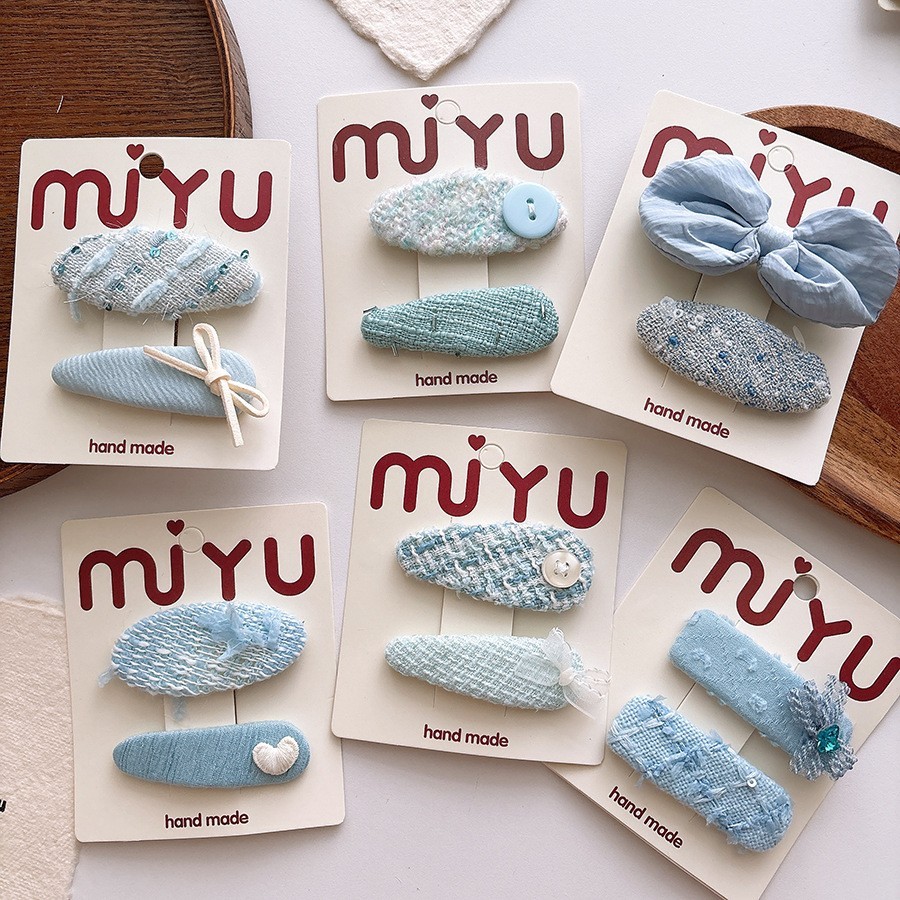 Jepit rambut biru gaya Chanel manis versi Korea, jepit rambut pita anak-anak