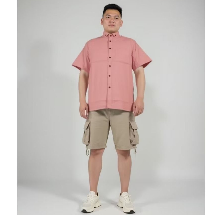READY JUMBO KEMEJA PRIA BASIC POLOS PENDEK / ATASAN PRIA DUSTY PINK PREMIUM