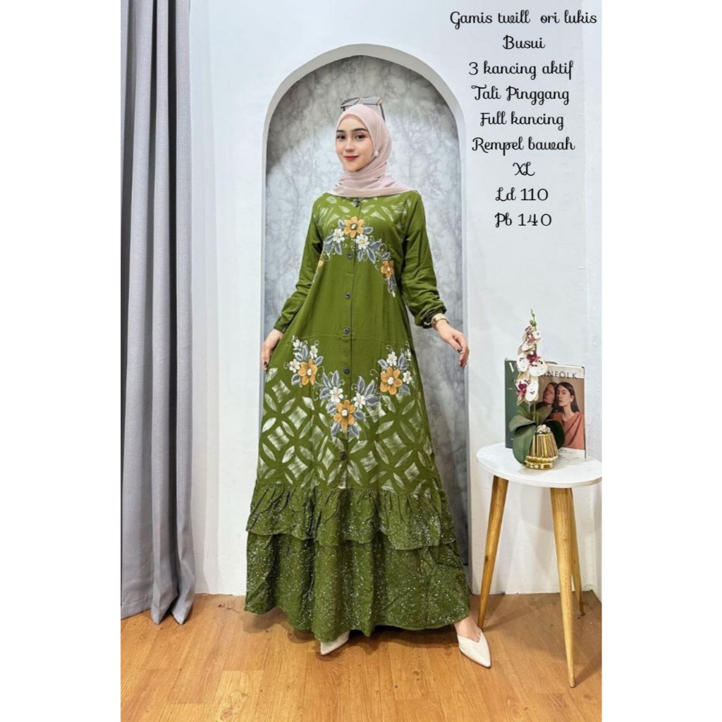 Gamis Twill Ori Full Kancing Rempel Adem Fit XL || Gamis Wanita Motif Lukis Kawung Busui Friendly