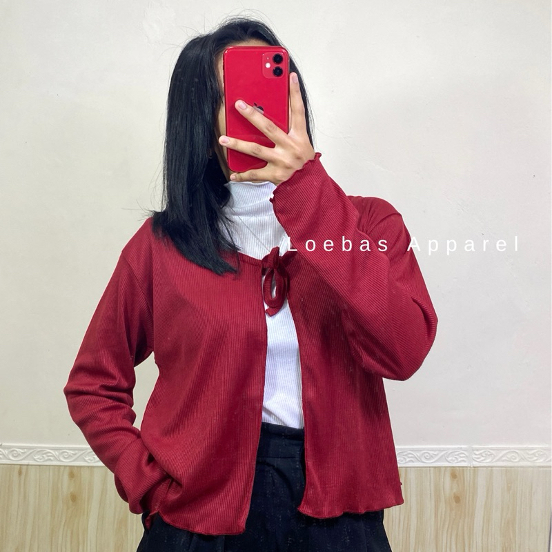 Cardigan Outer Crop Top Wanita Model Tali Depan Bahan Rib Rajut Premium