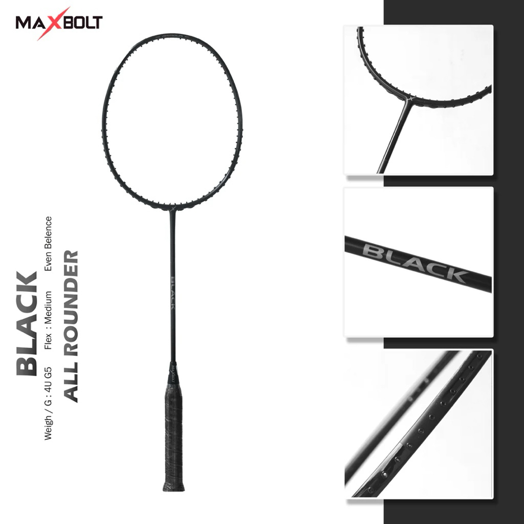 Raket Maxbolt Black All Rounder 4U G5 Original | MAX TENSION 35lbs | Even Balance | Medium Flex | Fr