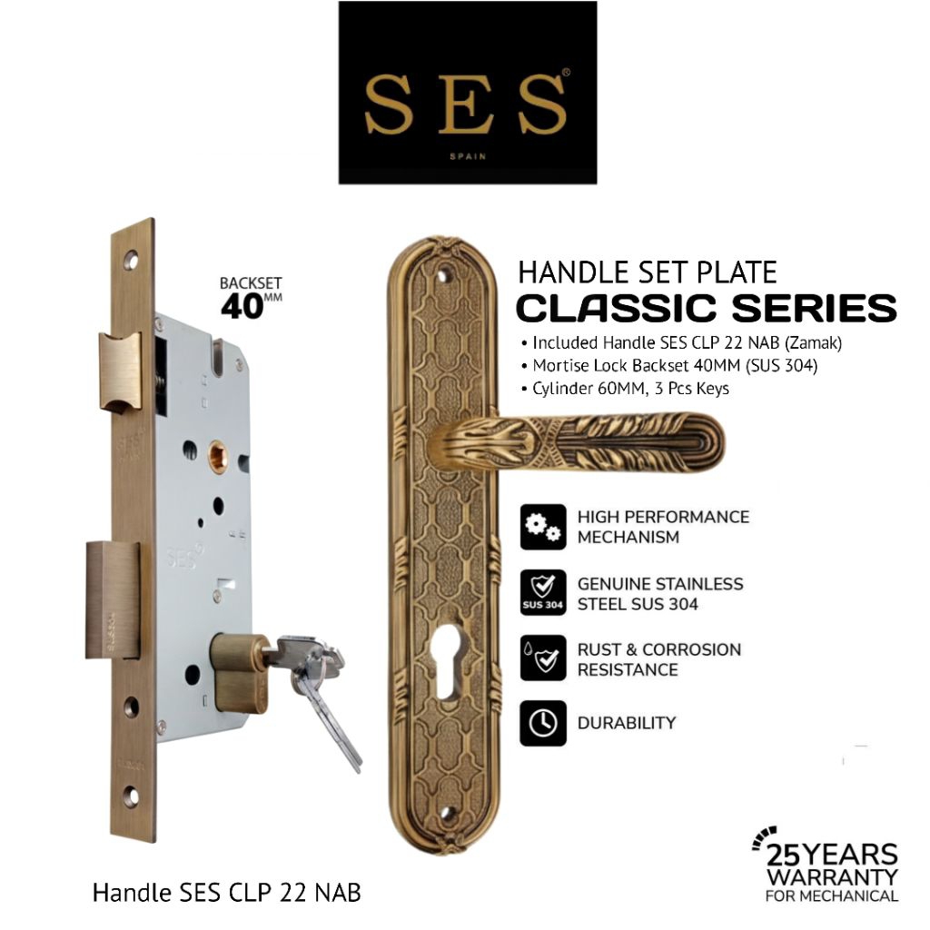 PAKET BUNDLING Handle SES CLP 22 NAB (P) + Body Kunci SES S2030 - 40 MM AB Sus 304