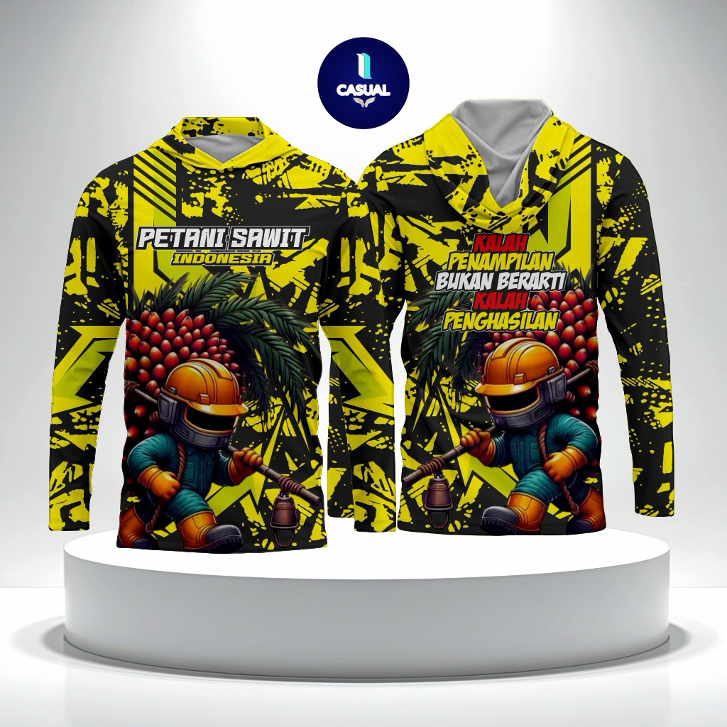 Baju Petani Sawit Lengan Panjang Jersey Sawit Full Printing Kupluk Bahan Dryfit Tebal Halus