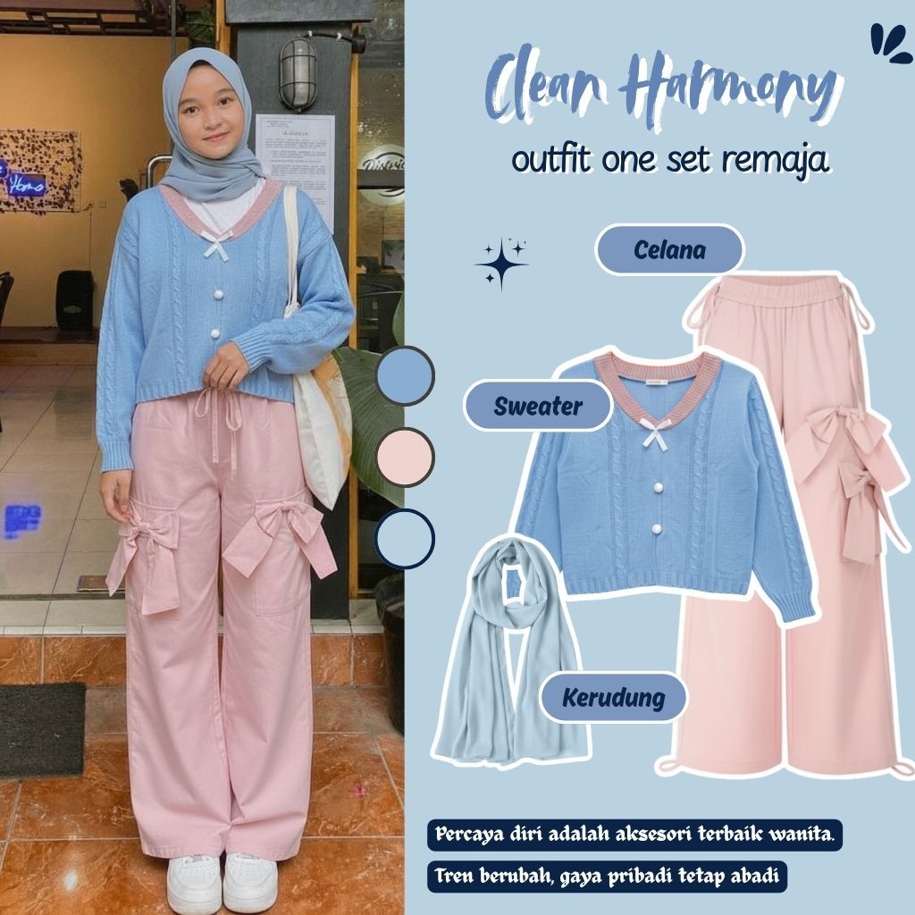OOTD One Set  ( Sweater V Neck + Celana Cargo Pita + Pashmina ) Baju Wanita Korean - 013