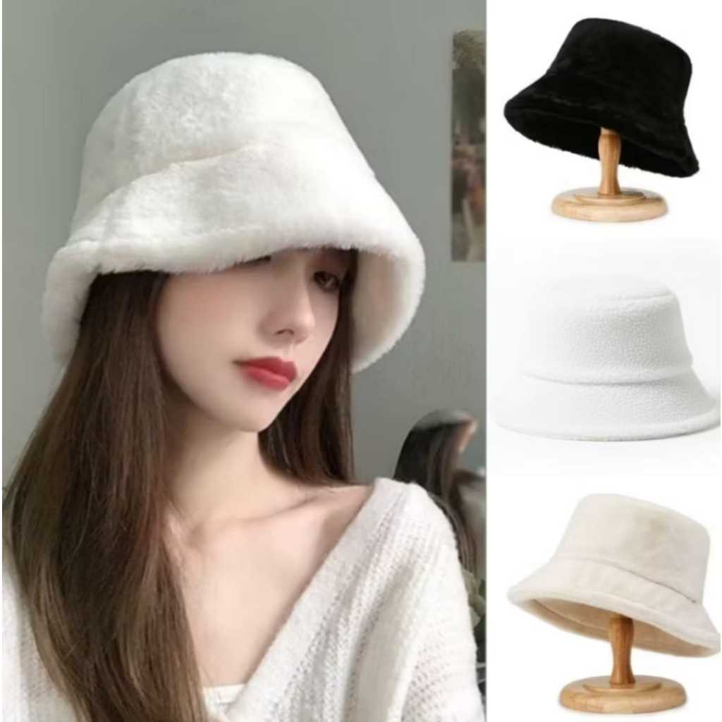 Topi Bucket Hats Wanita Sherpa bulu Polos Fashion Gaya Jepang Dan Korea Terbaru