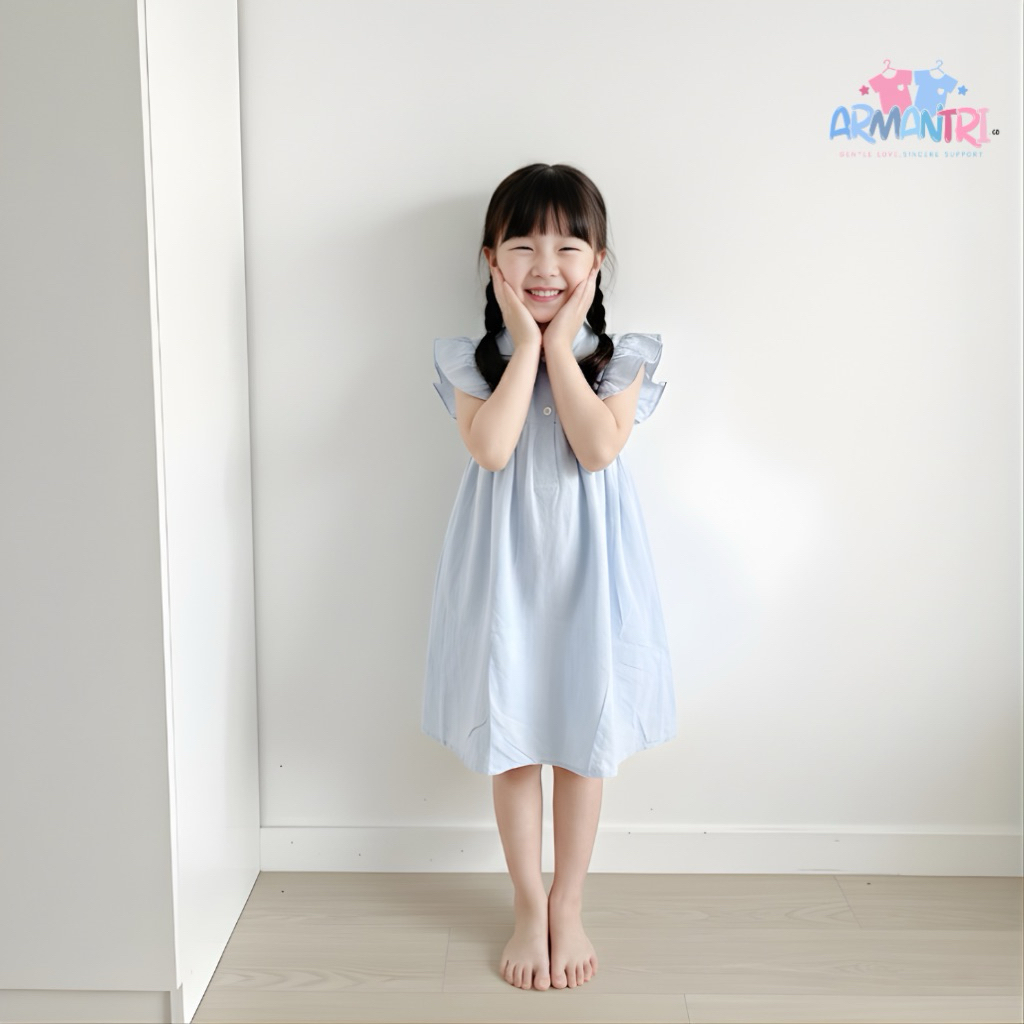 ARMANTRI - Dress Anak Perempuan Lengan Ruffle Warna Biru Pastel- dress anak- dress main- gaun anak p