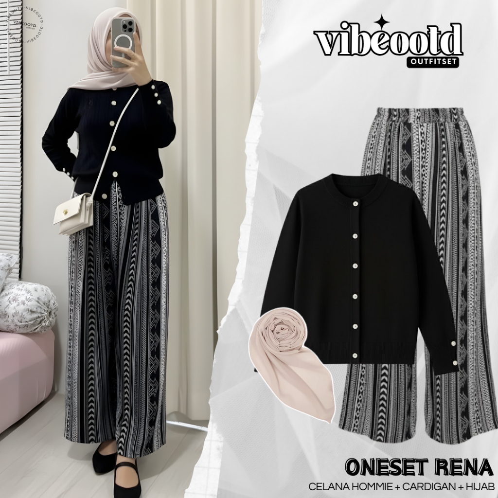 Rena Outfit Set Wanita Hijab ( Celana Hoomy  + Cardigan + Hijab) Ootd Hangout Kekinian Remaja Simple