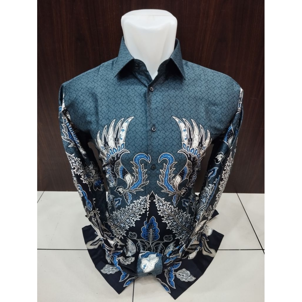 Alisan Kemeja Batik Pria Motif Burung Cream Lengan Panjang Slimfit