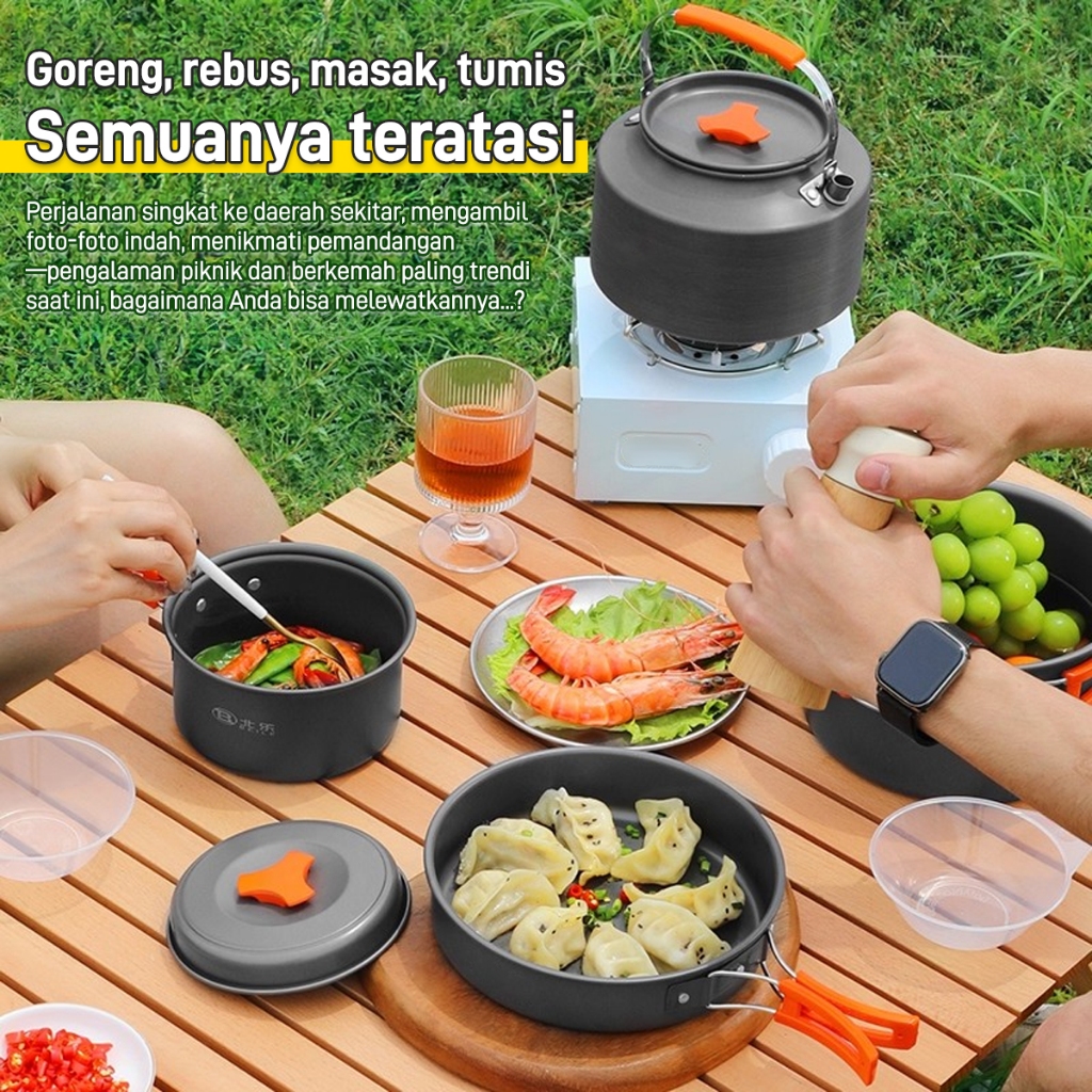 Mendaki Alat Masak Set Mini Camping Cooking Set 6 Orang Set Nesting Camping Teko Alat Masak Camping