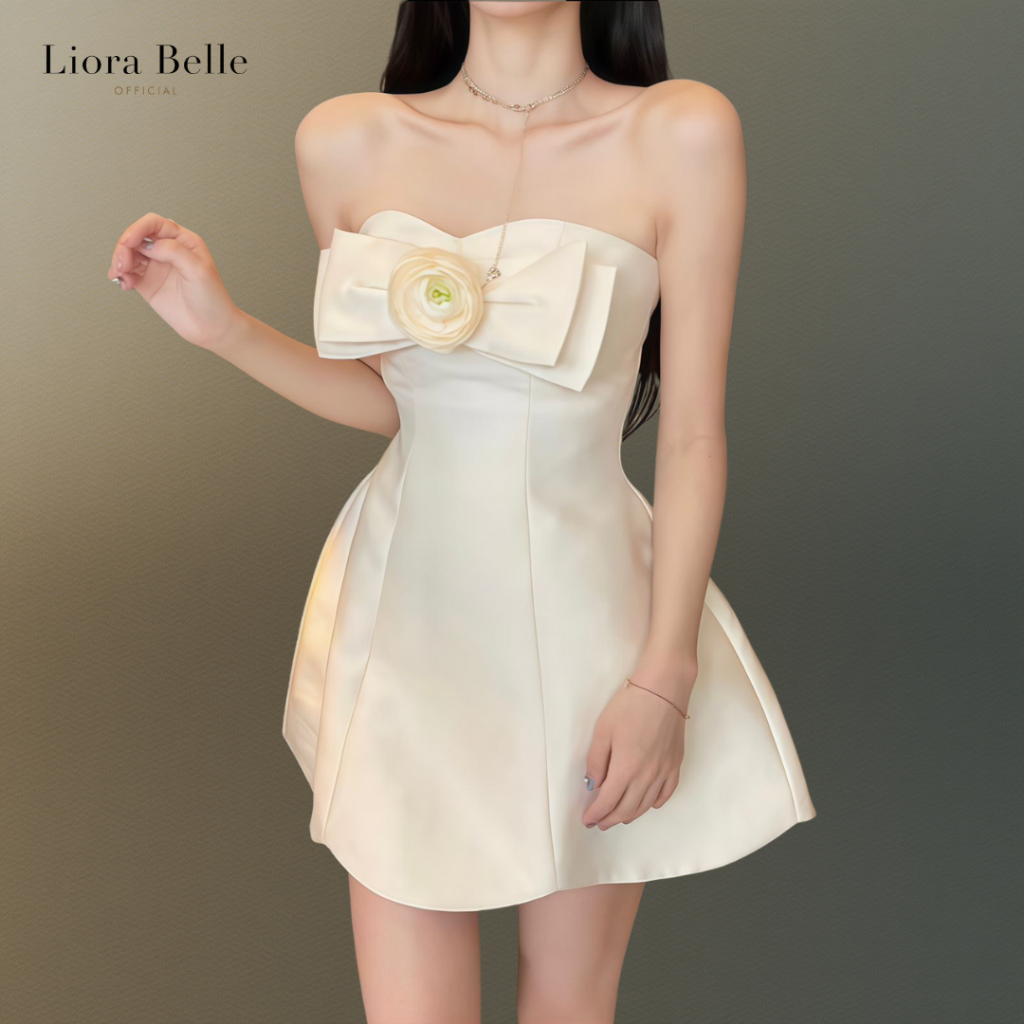 LIORABELLE Mini Dress Strapless Satin Korea Elegant dengan Aksen Pita & Bunga | Evening Party Dress