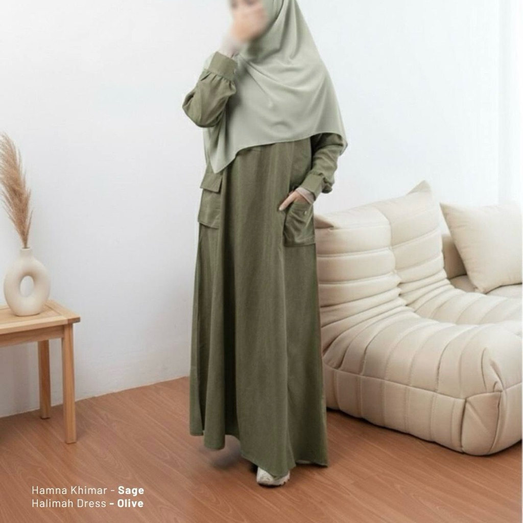 Elmina Halimah Dress Gamis Terbaru 2025 Polos Pastel Raya Collection Simple Minimalis Sage Green Hij