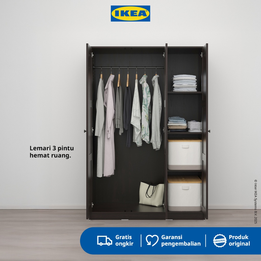 IKEA RAKKESTAD Lemari Pakaian 3 Pintu Minimalis Hitam 117x176 cm