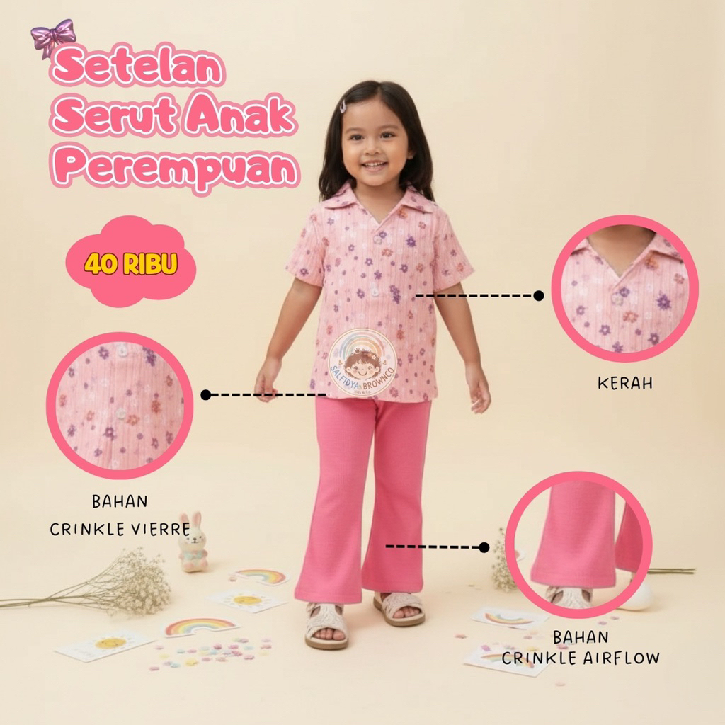 SETELAN SERUT BUNGA CRINKLE KOREA ANAK PEREMPUAN 1-8 TAHUN