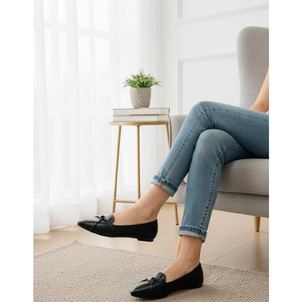Sepatu Wanita Flatshoes motif manik Casual Bahan Kulit Sintetis, Faltshoes wanita cocok buat kerja