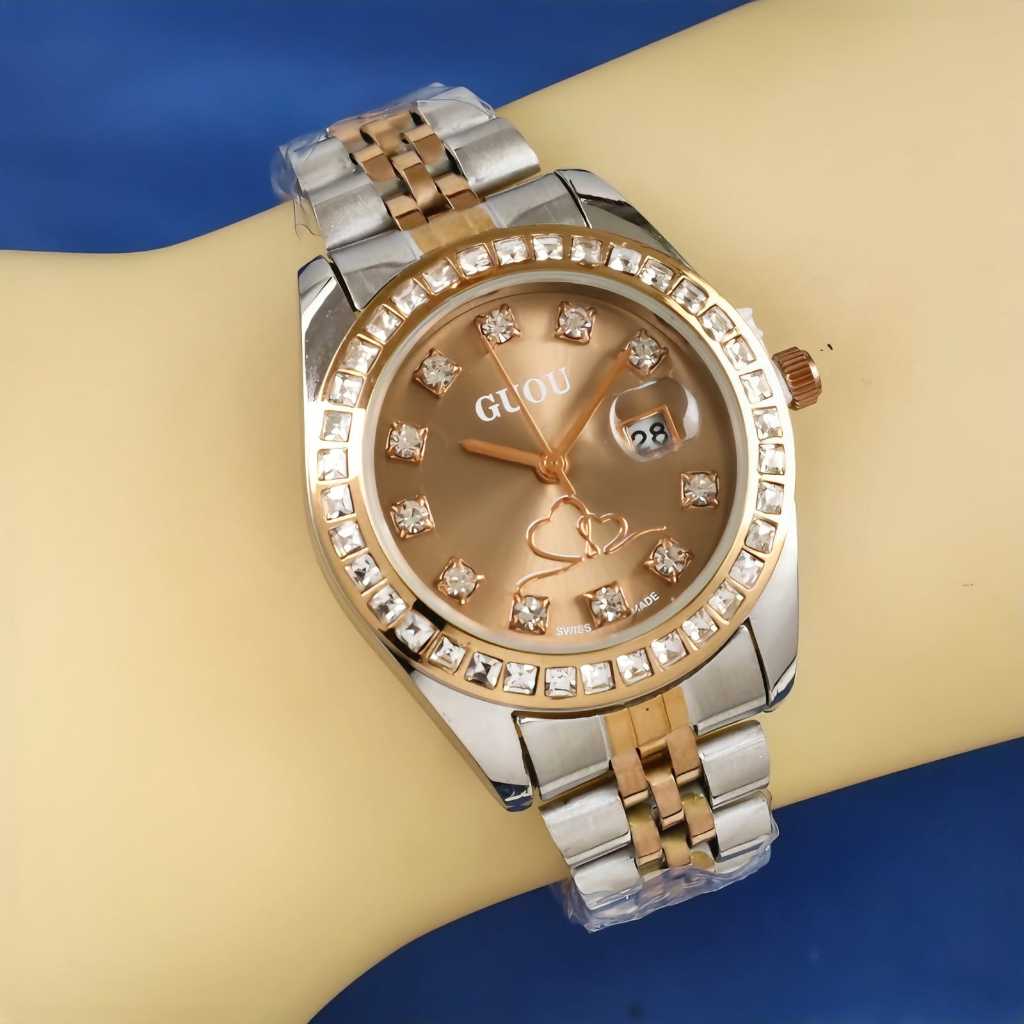 Jam Tangan Wanita GUOU Mata" Rantai Stainless Steel Tanggal Aktif Fre Box Ori Va1220