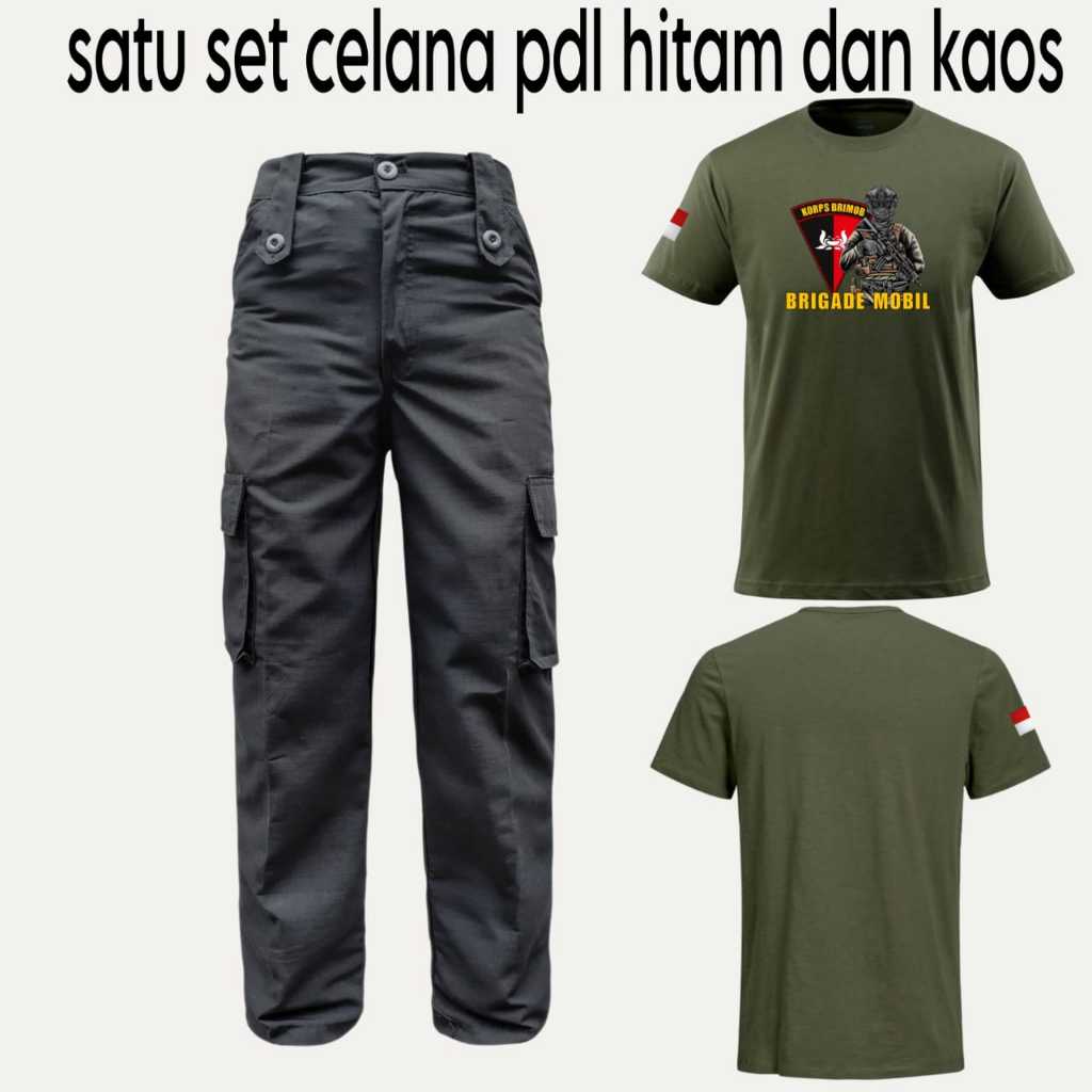 CELANA PDL HITAM BRIMOB SATU SET DENGAN KAOS HIJAU