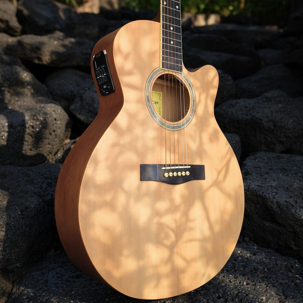 Gitar kondisi khusus top solid spruce merek device pake preamp cowboy