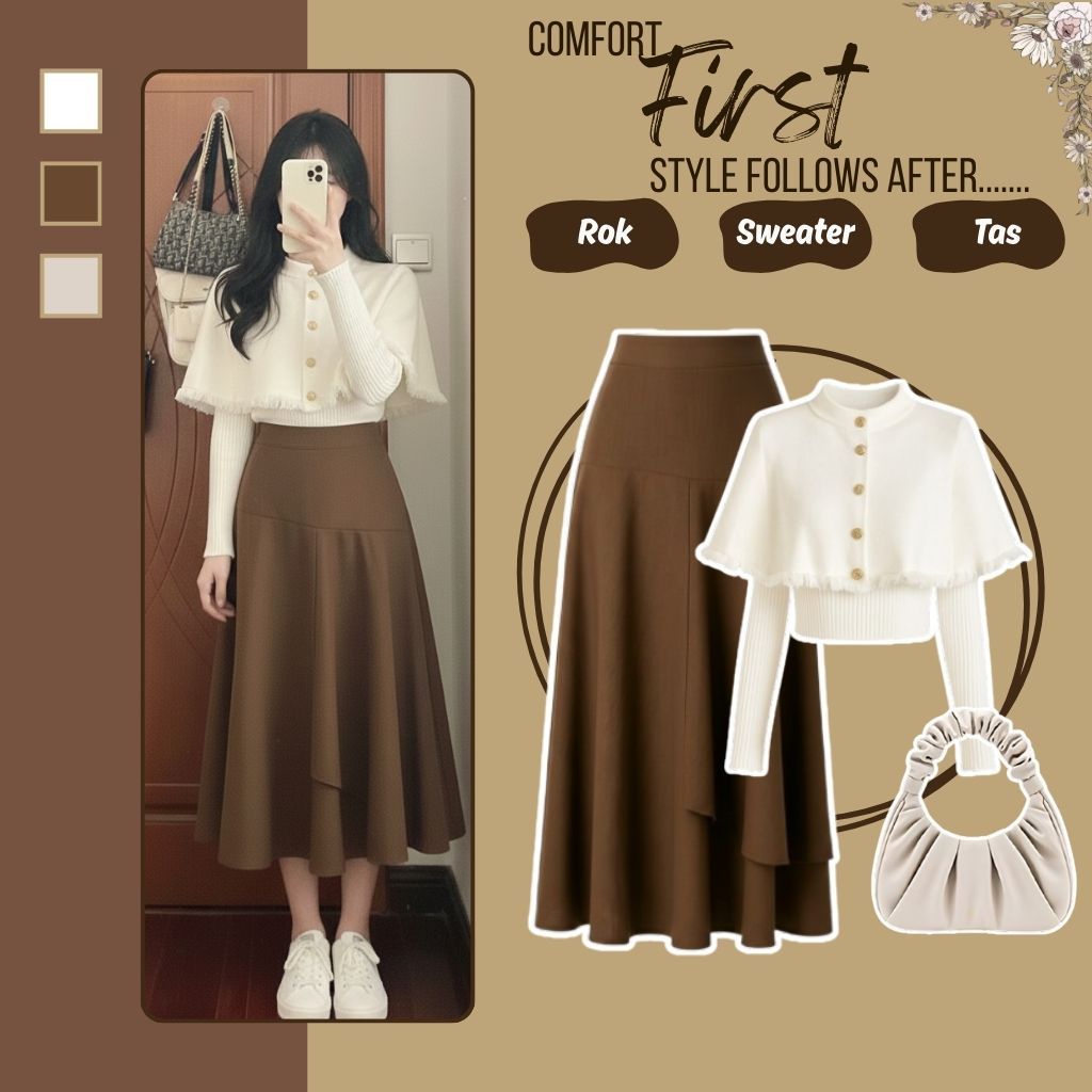 Baju One Set Wanita Korean Style  ( Sweater Rajut Rumbai + Rok Susun ) Ootd Remaja - 016