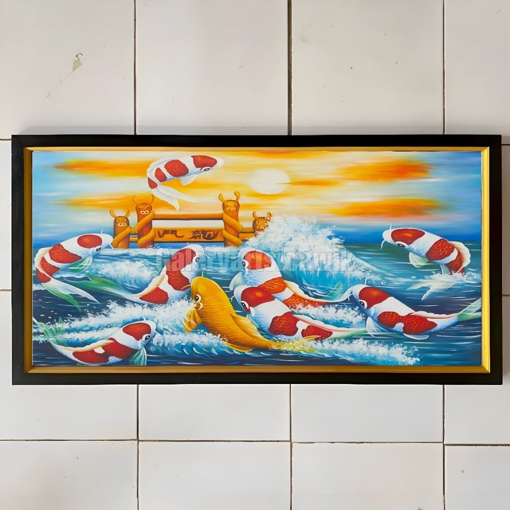 hiasan dinding plus bingkai uk 100cm x 50cm lukisan cetak gambar 9 ikan koi terbang gerbang naga