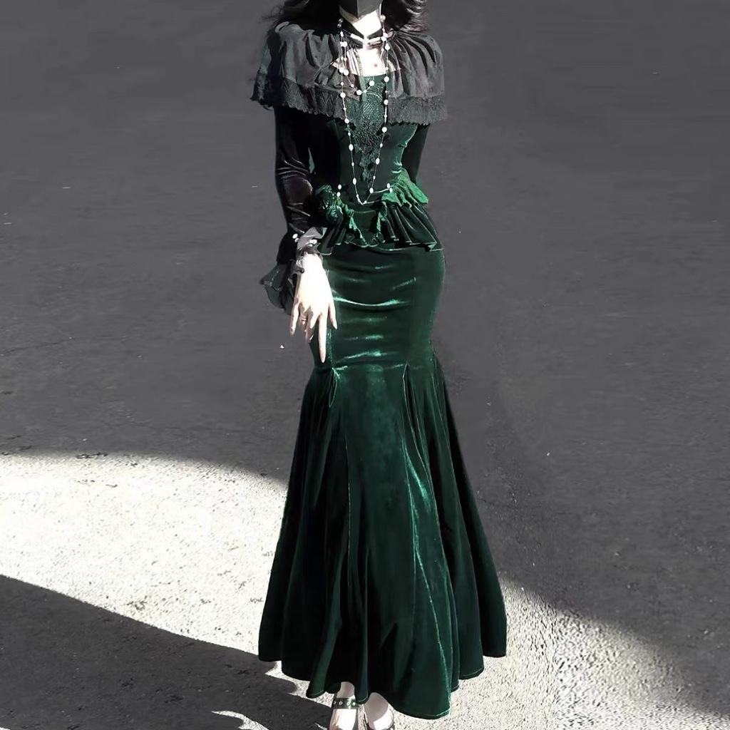 Lolita Green Tail Dress Elegant Slimming Queen's Birthday Evening Dress Lolita Long Dress Spring Gir