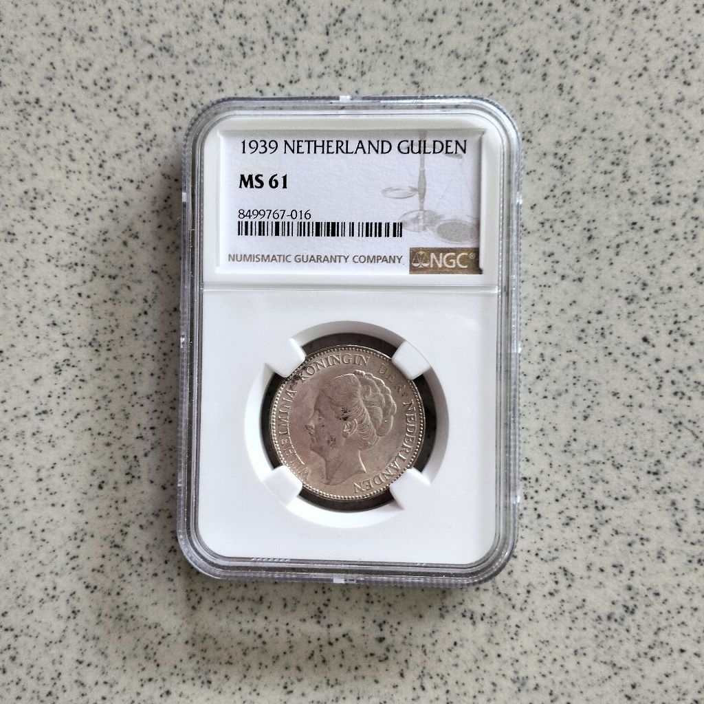 NGC MS 61 Koin Perak 1 Gulden Wilhelmina Netherland 1939 Silver Coin