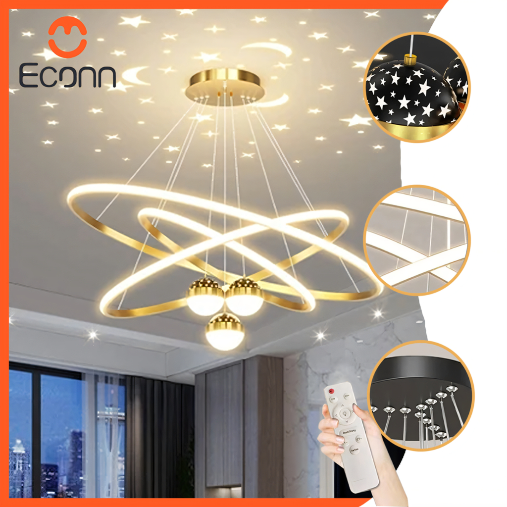 Lampu Gantung LED Gold Infinity Loop 60W Remote Tricolor Dengan Efek Proyektor Bintang Lampu Plafon 