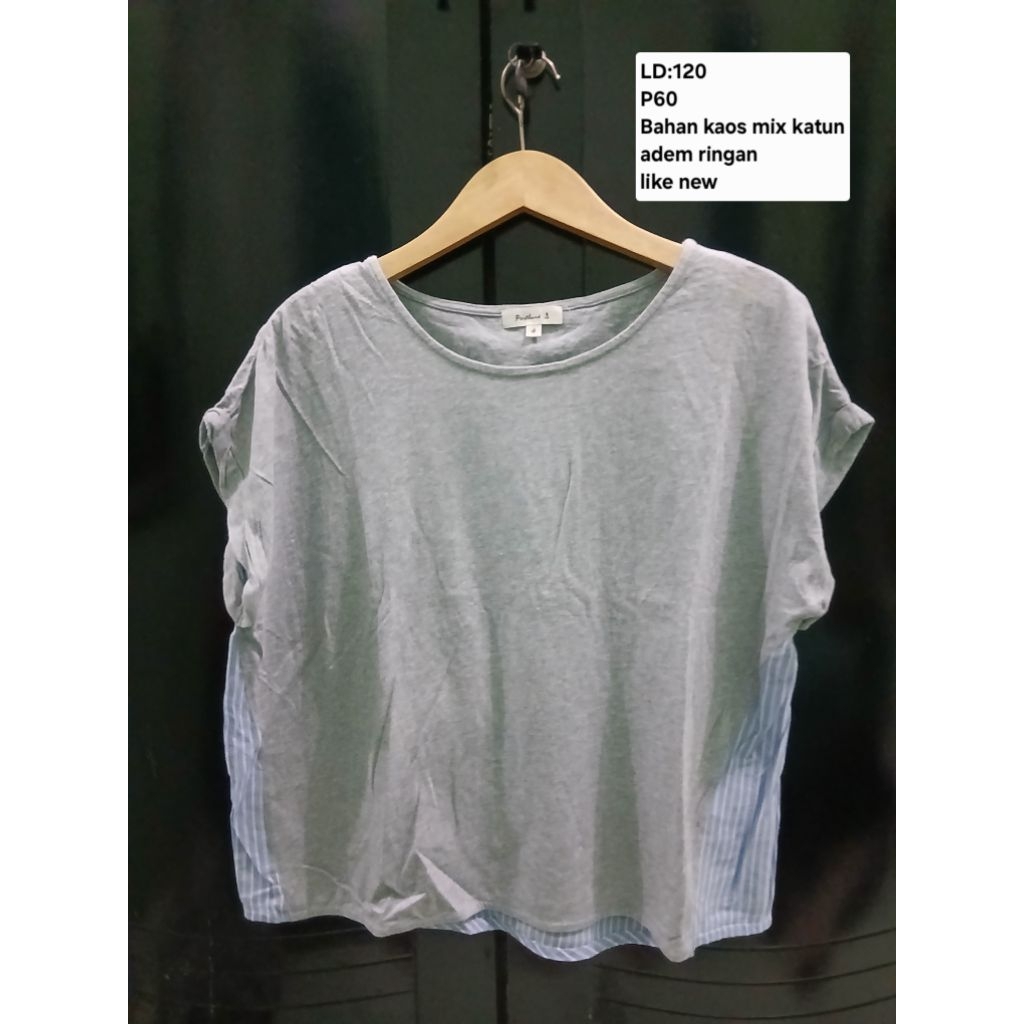 (COD)Atasan blouse kaos mix katun wanita warna abu biru motif salur/garis-garis