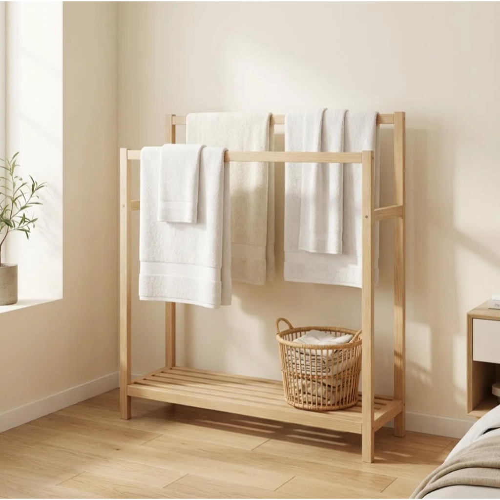 Stand Rak Gantungan Jemuran Handuk Minimalis Rak Kayu Tempat Penyimpan Mainan Serbaguna