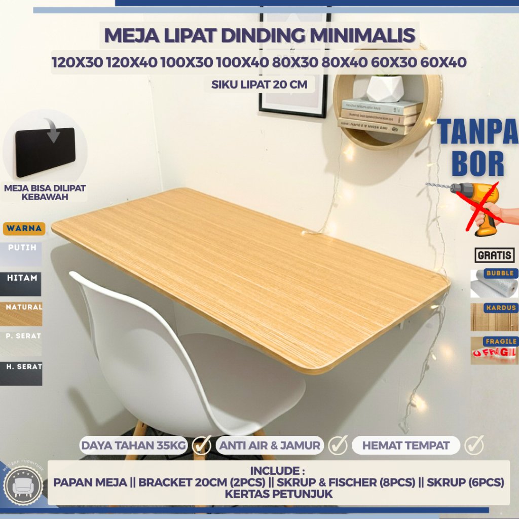 Meja Lipat Dinding 100X40 100X30 80X40 80X30 60X40 60X30 Meja Satu Set Tanpa Bor / Meja Komputer /