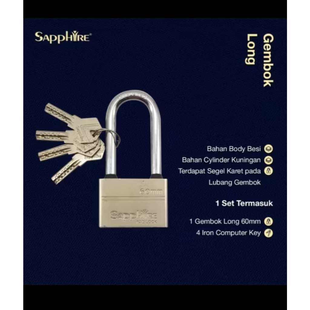 Gembok Sapphire Long Shackle 40mm 50mm 60mm – Anti Karat & Kuat