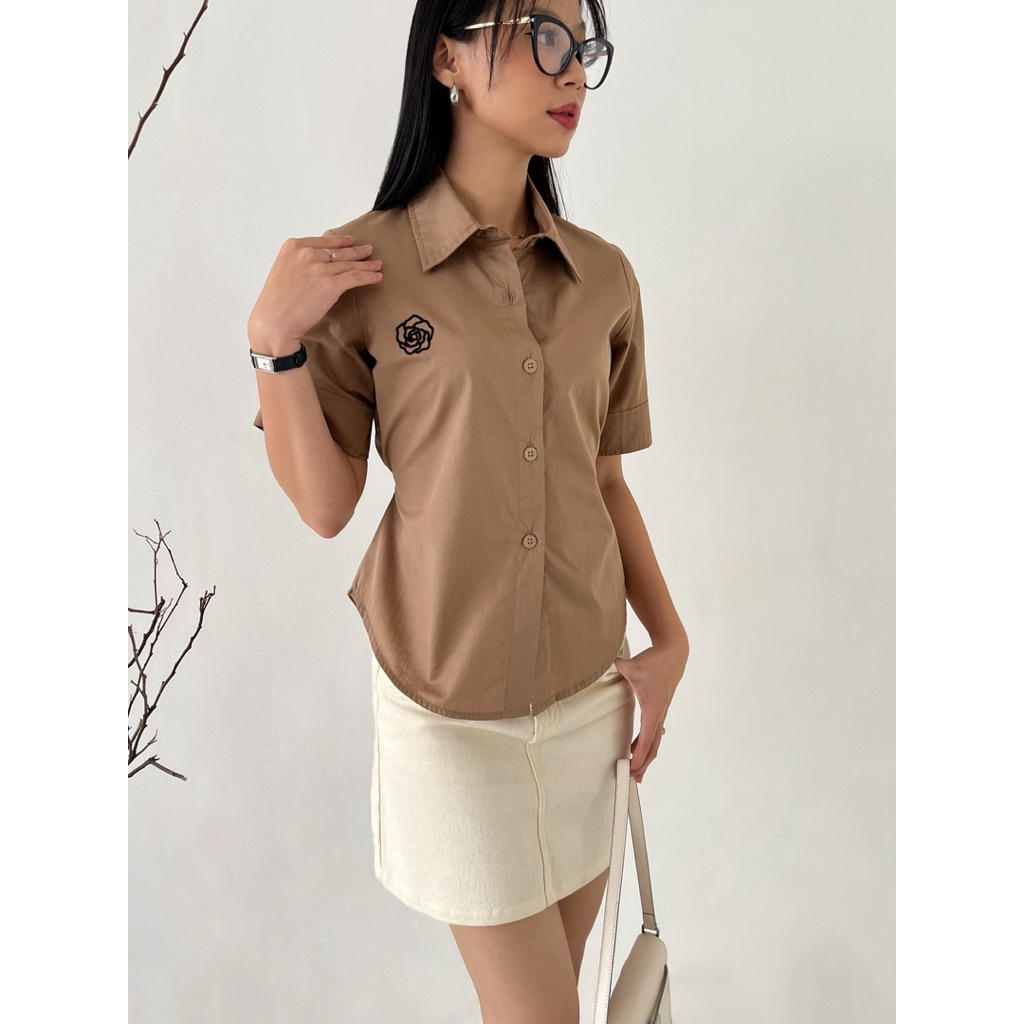 Flower Shirt - Kemeja Wispie Wanita Lengan Pendek Bordir Bunga - Relov99.id