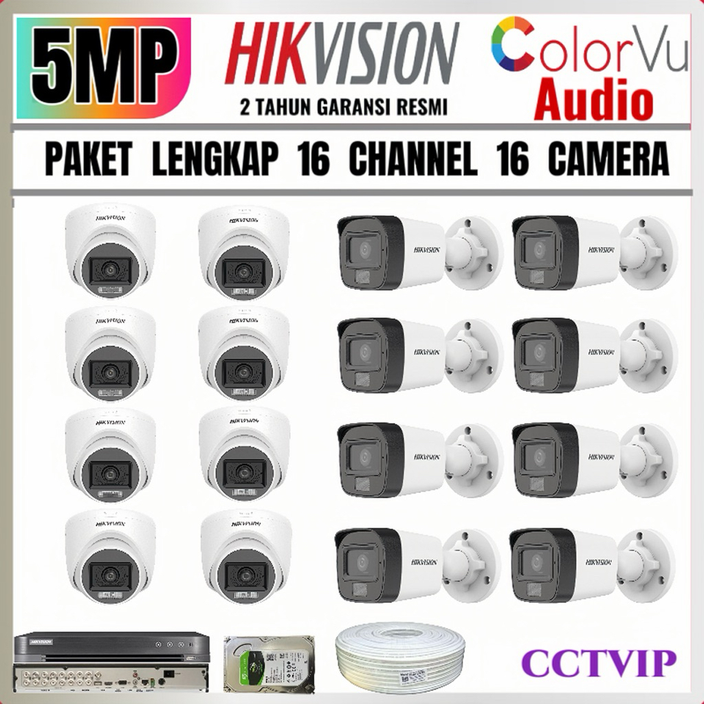 PAKET  KOMPLIT  HIKVISION  16  KAMERA  5MP  COLORVU  AUDIO