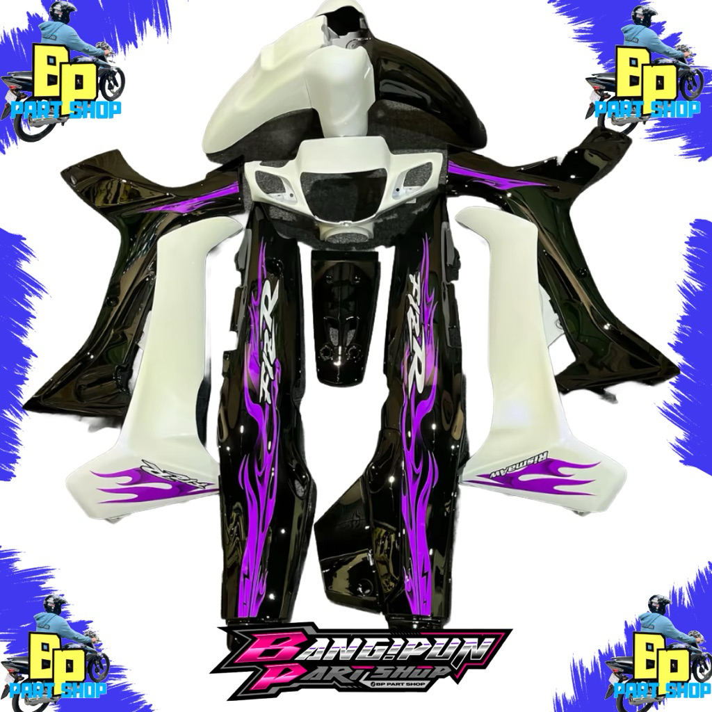 body set fiz r custom warna hitam putih set striping api ungu