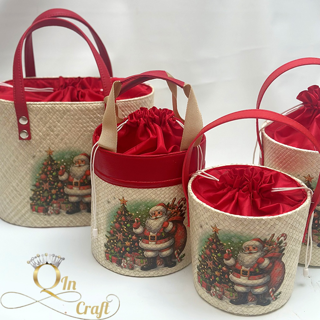 Tas Hampers PANDAN PUTIH KAIN MERAH DECOUPAGE SANTA parcel hampers goodiebag natal imlek cny