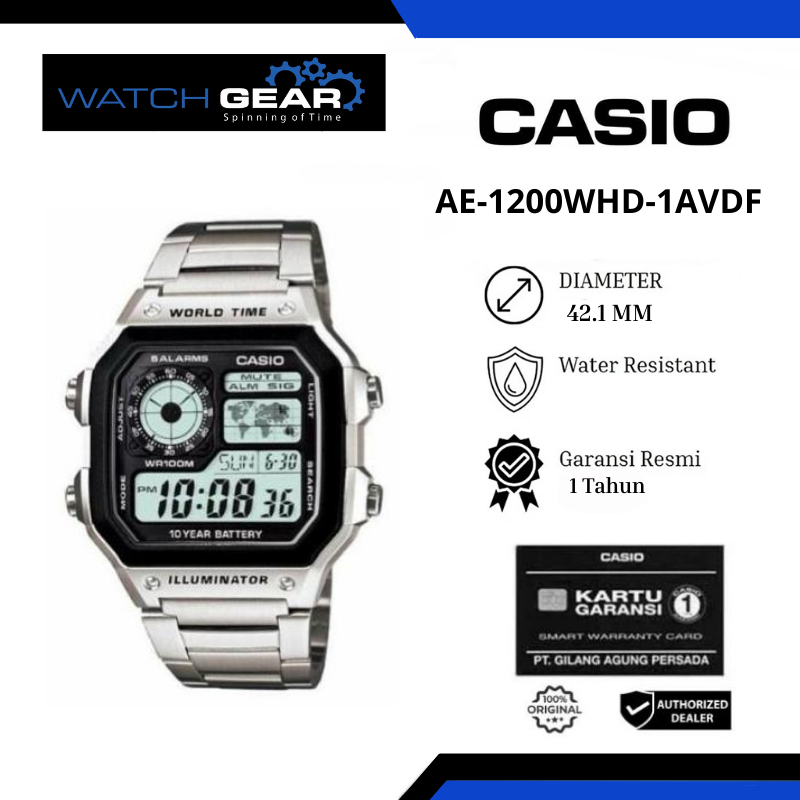 Jam Tangan Pria Casio AE-1200WHD-1A Digital Quartz Watch Black Dial Stainless Steel Strap