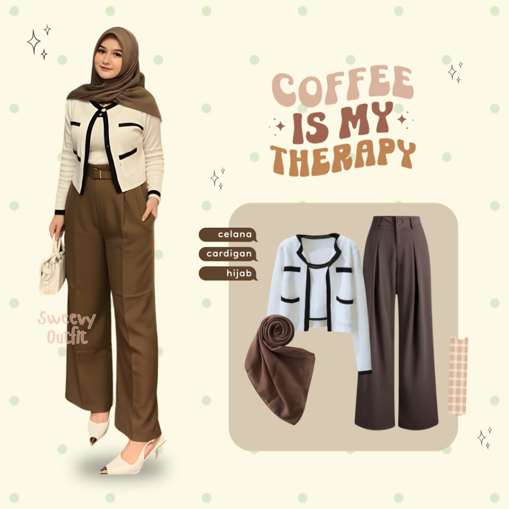 Set OOTD Hijab Wanita Cardigan Loose Pants Hijab Segi Empat Gaya Korea