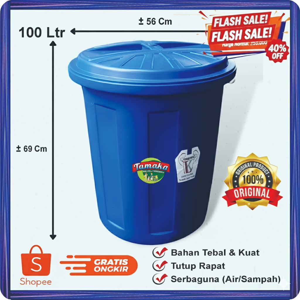 Tong Air Plastik + Tutup 100 Liter / Ember Besar Bulat Plastik + Tutup 100 Liter / Tempat sampah Pla