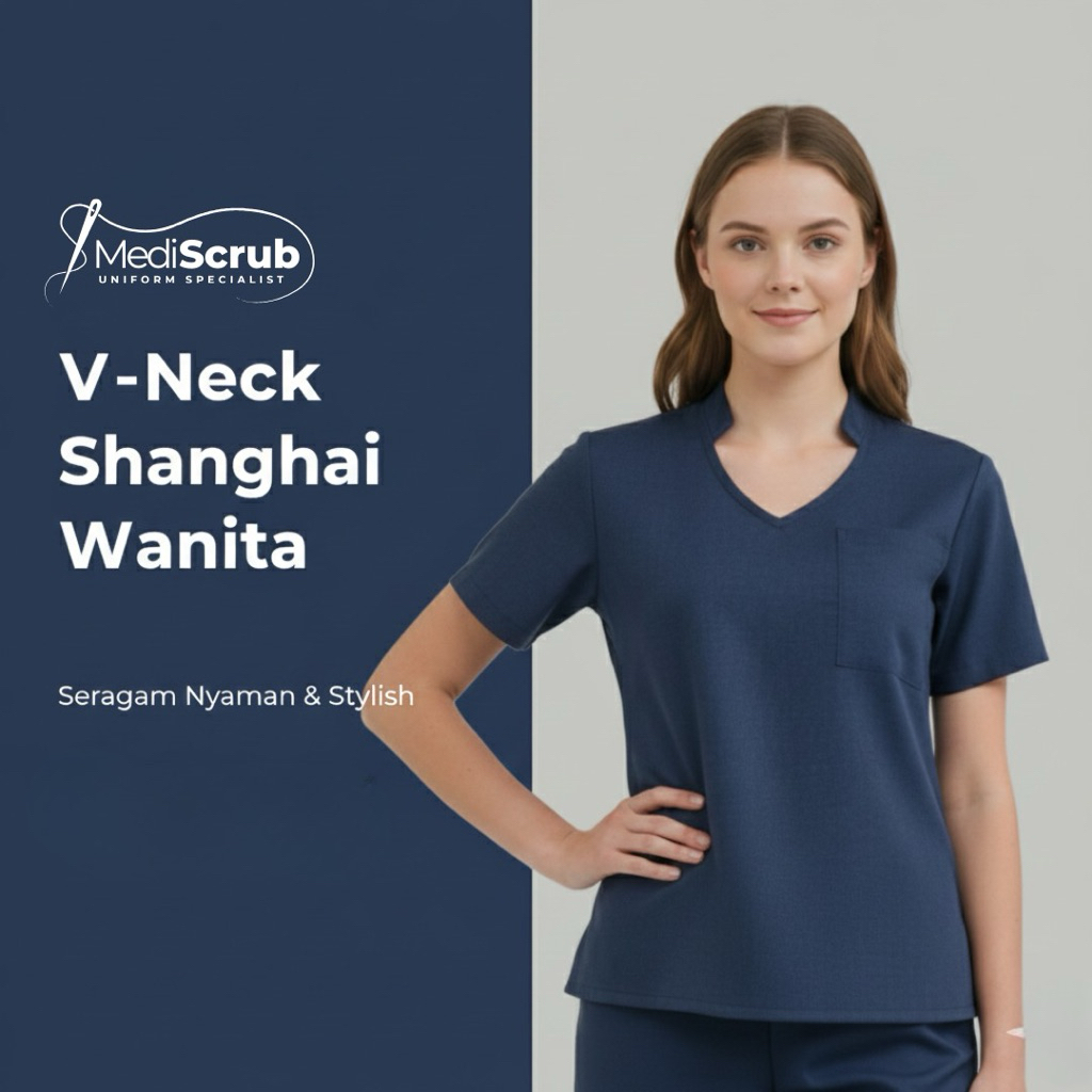 MEDISCRUB - Baju jaga Dokter Perawat wanita V NECK SHANGHAI Lengan Pendek (TOP ONLY)